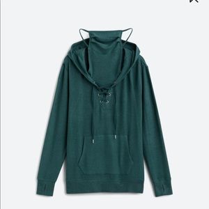 Dark green hoodie with built-in face covering